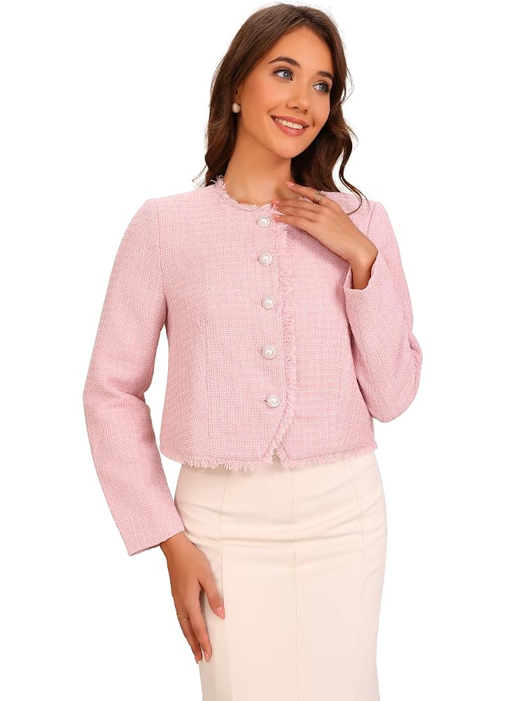 Allegra K Damen Karierte Tweed-Jacke mit Rundhals und kurzer Knopfleiste – Elegante Arbeitsjacke