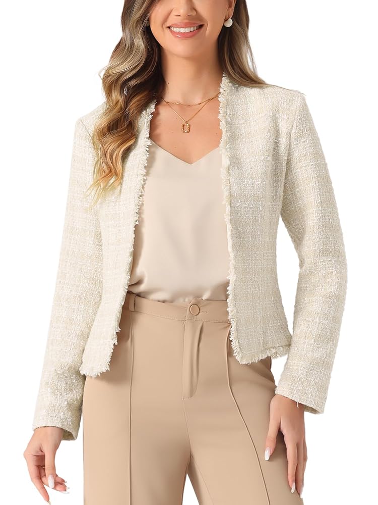 Allegra K Damen Karierter Tweed Blazer mit langen Ärmeln, offen vorne, ideal für das Büro