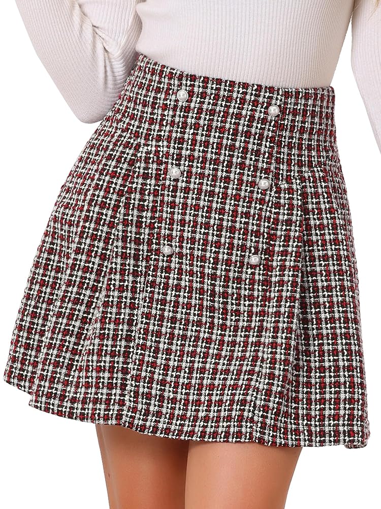 Allegra K Damen Karierter Tweed Rock mit Hohem Bund - Eleganter A-Linien Kurzrock