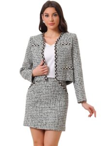 Allegra K Damen Karierter Tweed-Set mit Offener Vorderseite, Kurzblazer und Rock