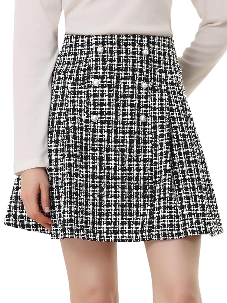 Allegra K Damen Karierter Tweedrock mit Hohem Bund – Eleganter A-Linien Kurzrock