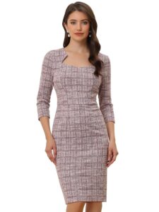Allegra K Damen Kariertes Arbeitskleid mit 3/4-Ärmeln – Elegantes knielanges Minikleid