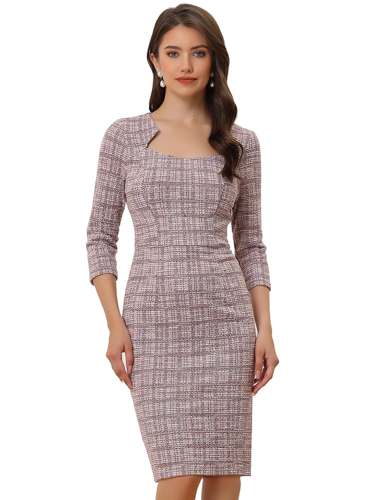 Allegra K Damen Kariertes Arbeitskleid mit 3/4-Ärmeln – Elegantes knielanges Minikleid