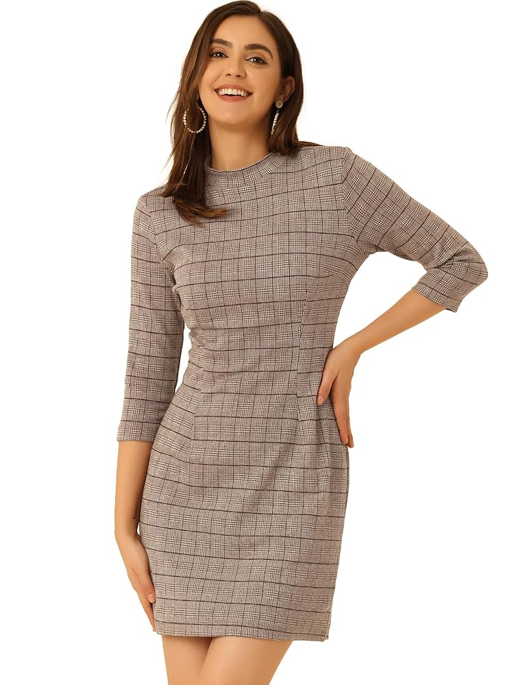 Allegra K Damen Kleid mit Stehkragen, 3/4 Ärmeln und Slim Check Muster für das Büro