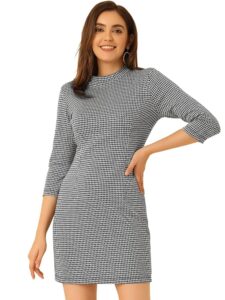 Allegra K Damen Kleid mit Stehkragen, 3/4-Ärmeln und Slim-Fit im Karomuster für das Büro
