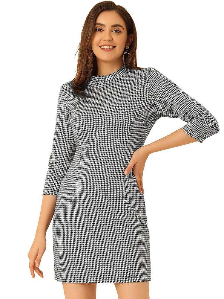 Allegra K Damen Kleid mit Stehkragen, 3/4-Ärmeln und Slim-Fit im Karomuster für das Büro