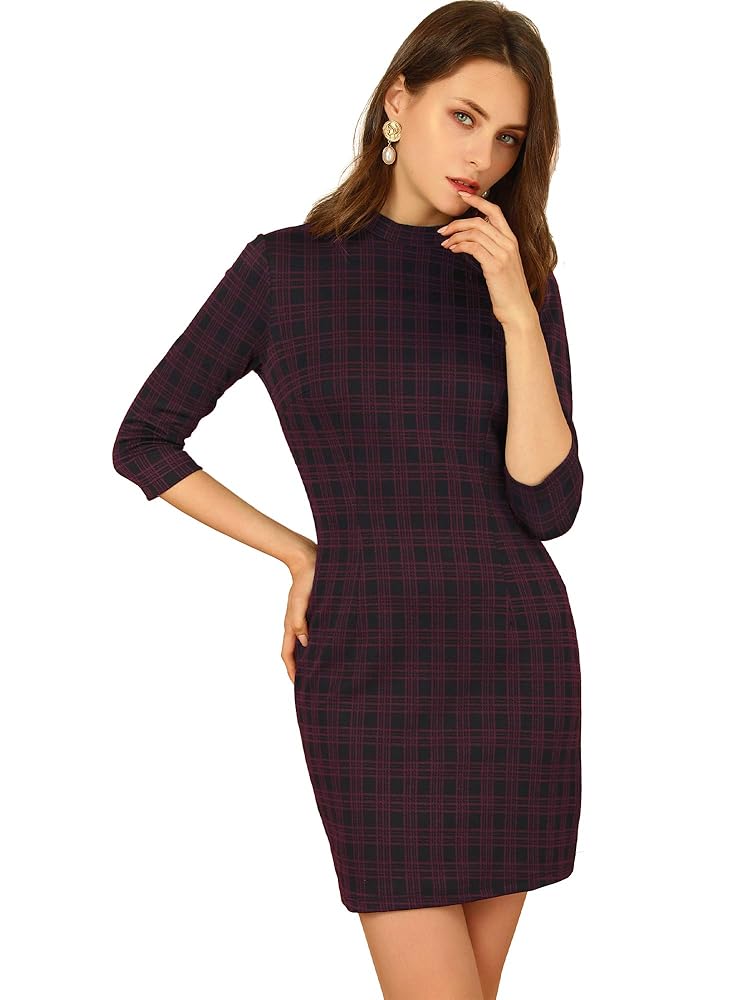 Allegra K Damen Kleid mit Stehkragen und 3/4-Ärmeln im Slim-Fit Karomuster für das Büro