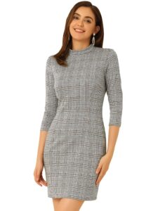 Allegra K Damen Kleid mit Stehkragen und 3/4-Ärmeln im Slim Fit und Karomuster für das Büro