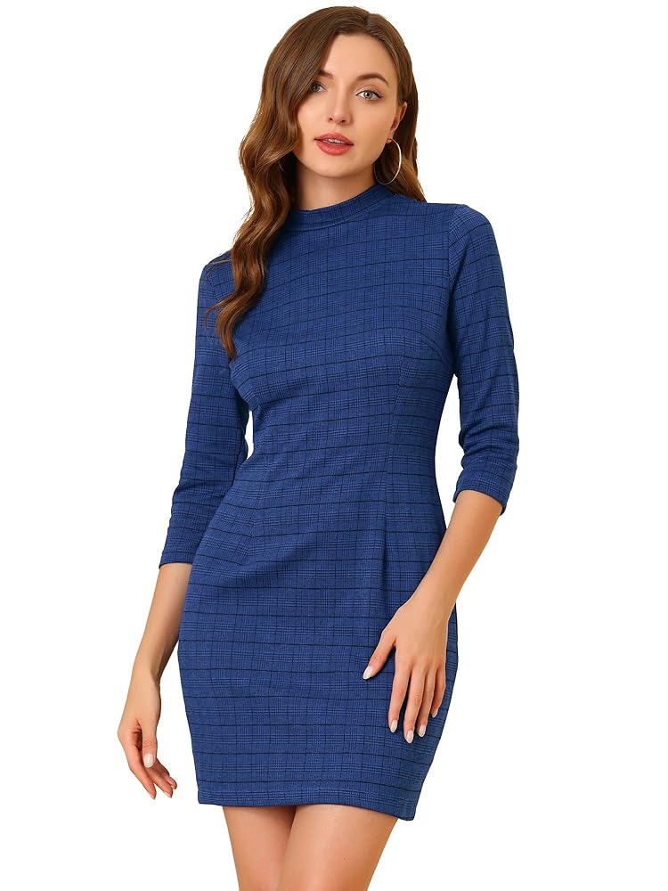Allegra K Damen Slim Fit Kleid mit Stehkragen und 3/4-Ärmeln im Karomuster für Büro und Arbeit