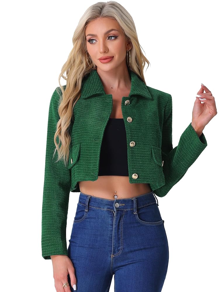Allegra K Damen Tweed Blazer Kurzanzug Langarm Cropped-Jacke