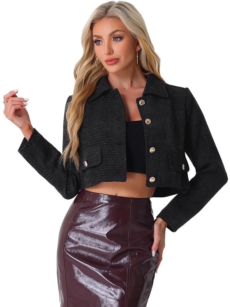 Allegra K Damen Tweed Blazer Kurzjacke mit langen Ärmeln im Cropped-Stil