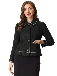 Allegra K Damen Tweed-Blazer mit langen Ärmeln, karierter Knopfleiste für das Büro, kurze Jacke