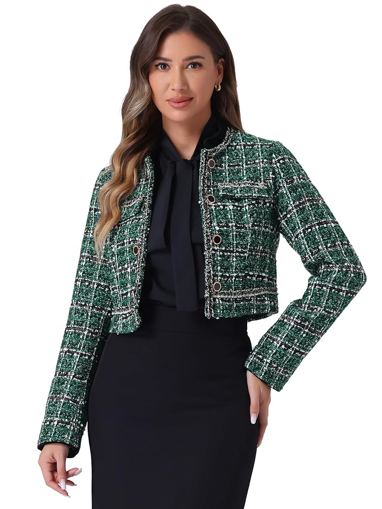 Allegra K Damen Tweed Blazer mit Stehkragen, Zweireihig, Elegante Kariert, Bauchnabel-Jacke