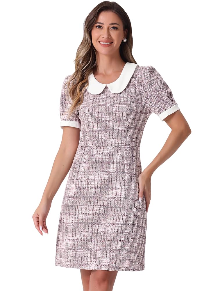 Allegra K Damen-Tweedkleid mit Peter-Pan-Kragen, Puffärmeln und A-Linien-Schnitt, Minikleid
