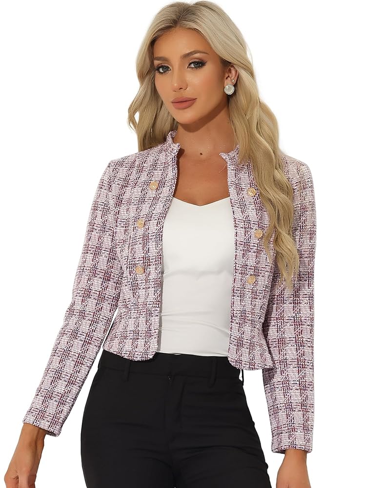 Allegra K Damen Vintage Karierter Tweed Blazer, Offen, Schmale Passform, Büro, Kurzjacke