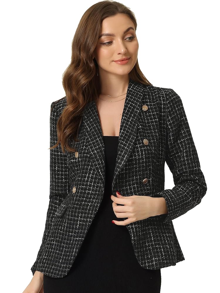 Allegra K Damen Vintage Karo Tweed Blazer mit langen Ärmeln für Büro und Arbeit