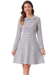 Allegra K Damen Vintage Karokleid aus Tweed mit Bubikragen und langen Ärmeln, A-Linien-Schnitt, Minikleid