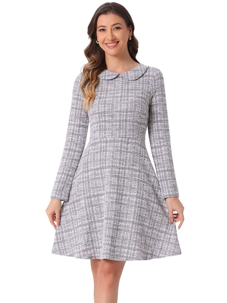 Allegra K Damen Vintage Karokleid aus Tweed mit Bubikragen und langen Ärmeln, A-Linien-Schnitt, Minikleid