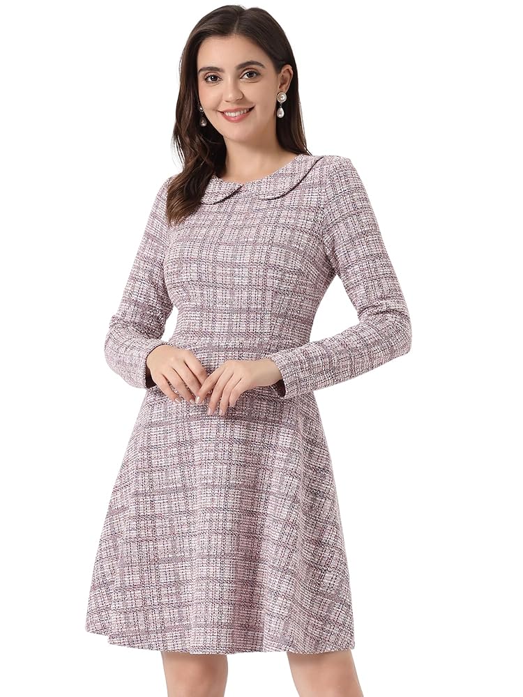 Allegra K Damen Vintage Karokleid aus Tweed mit Bubikragen und langen Ärmeln, A-Linie, Minikleid