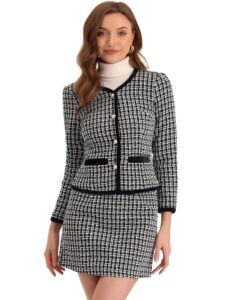 Allegra K Damen Weihnachts-Business-Anzug Set: Zweiteiliges Outfit mit kariertem Tweed, kurzblazer Jacke und Rock