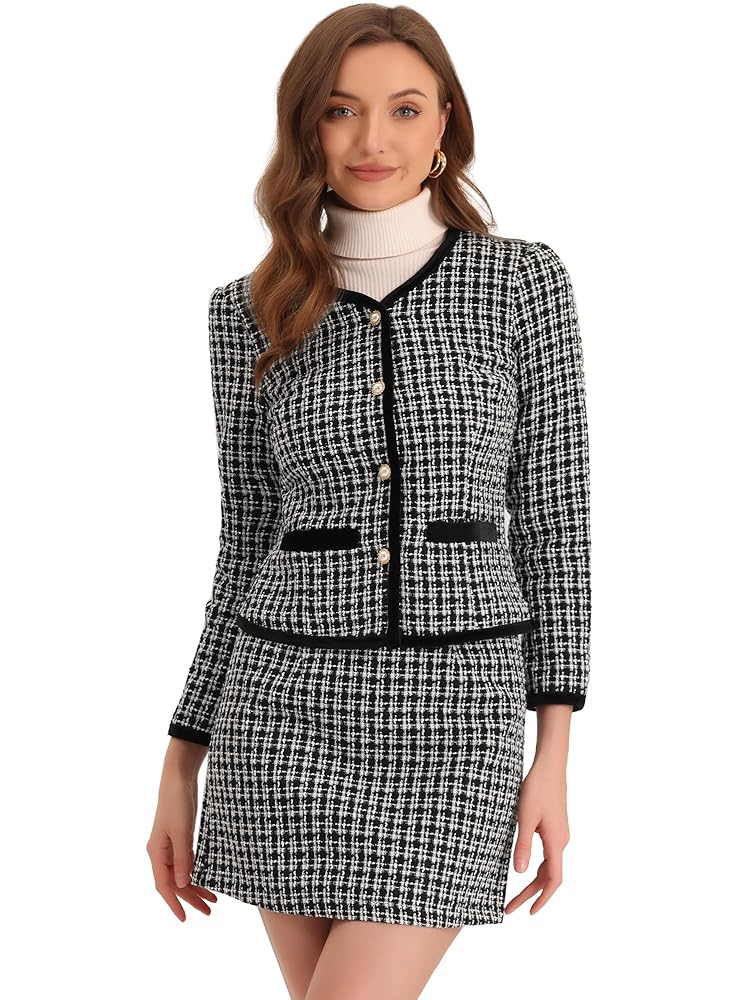 Allegra K Damen Weihnachts-Business-Anzug Set: Zweiteiliges Outfit mit kariertem Tweed, kurzblazer Jacke und Rock