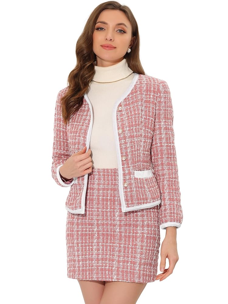 Allegra K Damen Weihnachts-Business-Anzugset: Zweiteiliges kariertes Tweed-Outfit mit Kurzblazer und Rock