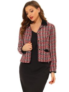 Allegra K Damen Weihnachts-Tweed-Blazer mit langen Ärmeln, Reverskragen, knöpfbarem Design und kariertem Samt - elegante Jacke