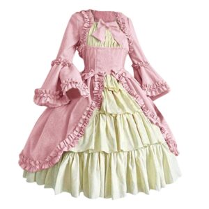Amxleh Damen Mittelalterliches Kleid im Rokoko- und Barockstil mit Trompetenärmeln und Schleife, knielang, Prinzessinnen-Kostüm, Vintage Gothic Renaissance, viktorianische...