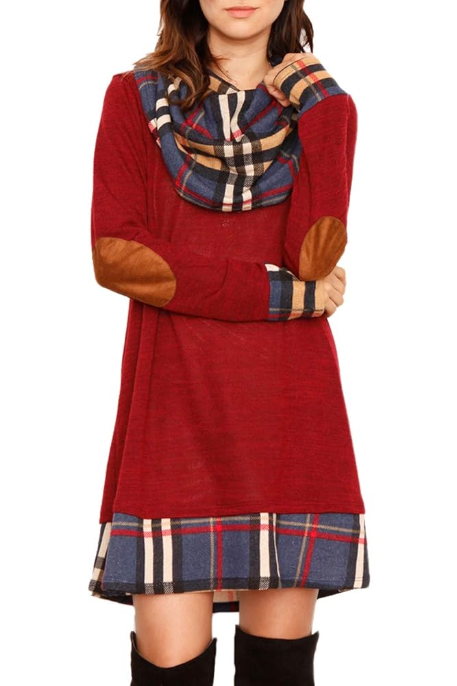 ANCAPELION Damen Langarm Minikleid im Karomuster mit Rollkragen - A-Linien Strickkleid für Herbst und Winter, lockeres Pulloverkleid