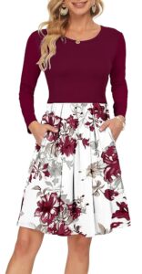 AUSELILY Damen Langarm Plissee Freizeitkleid mit lockerer Passform und knielangen Taschen