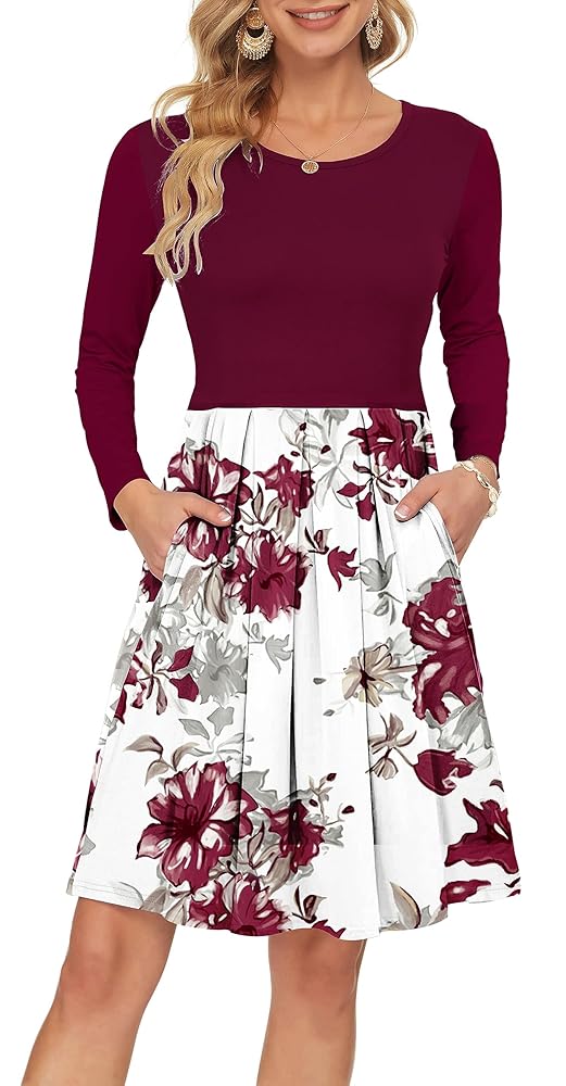 AUSELILY Damen Langarm Plissee Freizeitkleid mit lockerer Passform und knielangen Taschen
