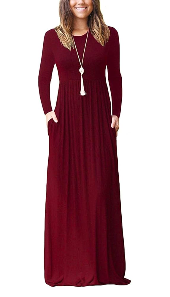 AUSELILY Damen Winter Maxikleider mit langen Ärmeln und Taschen - Lässige Langkleider