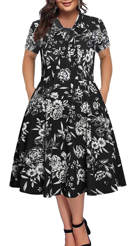 BEDOAR Damen Plus-Size Vintage Kleid mit Fliege, Knielang, A-Linie, Casual Business mit Taschen