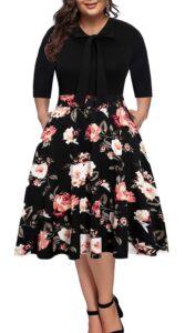 BEDOAR Damen Plus Size Vintage Kleid mit Fliege, Knielang, A-Linie, Casual Business mit Taschen