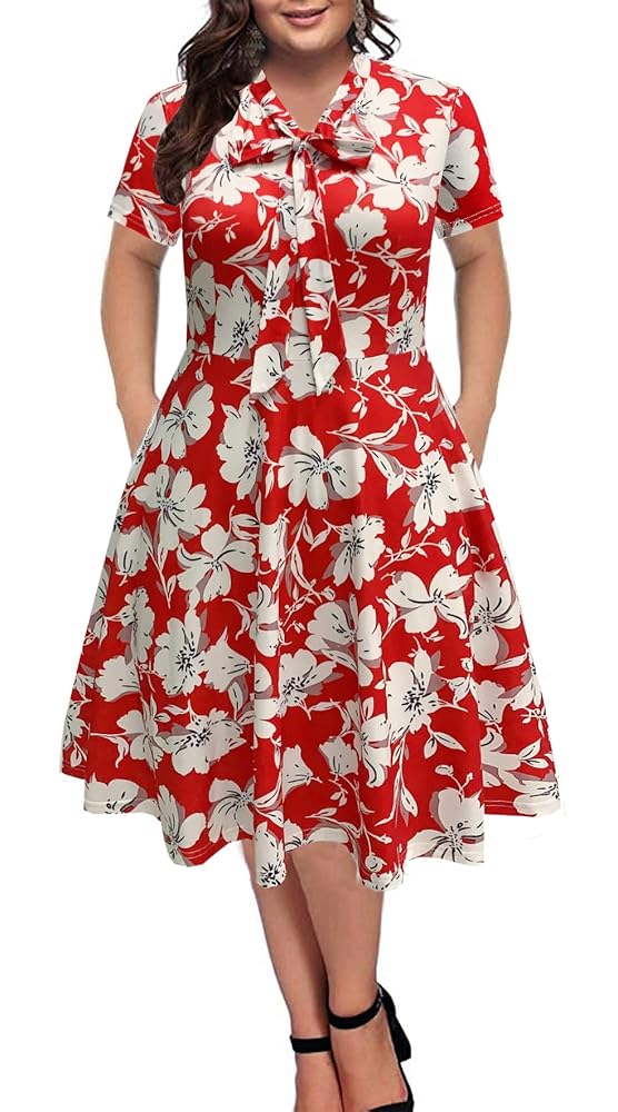 BEDOAR Damen Plus Size Vintage Kleid mit Fliege, Knielang, A-Linie, Casual Business Outfit mit Taschen