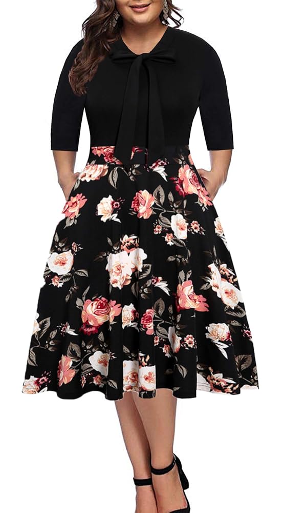 BEDOAR Damen Plus Size Vintage Kleid mit Fliege, Knielang, A-Linie, Casual Business mit Taschen
