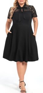 BEDOAR Damen Plus Size Vintage Kleid mit Fliege, Knielang, A-Linie, ideal für Casual und Business, mit Taschen