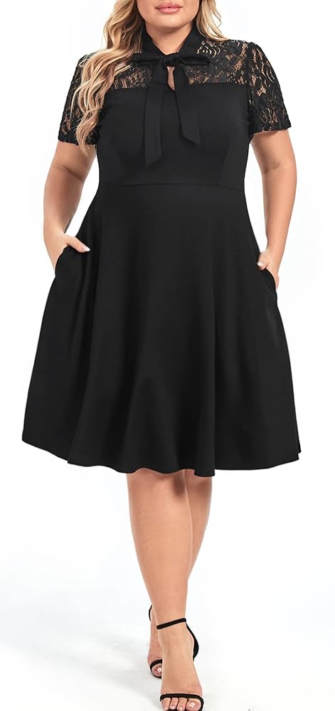 BEDOAR Damen Plus Size Vintage Kleid mit Fliege, Knielang, A-Linie, ideal für Casual und Business, mit Taschen