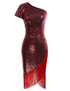 Belle Poque Damen Etuikleid mit Pailletten und Fransen, Ein-Schulter-Cocktailkleid für Abendveranstaltungen