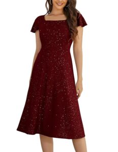 Berylove Damen Cocktailkleid mit Eckigem Ausschnitt – Festliches Abendkleid in Lang, Glitzer-Design, Ballkleid mit Ärmeln für Hochzeitsgäste