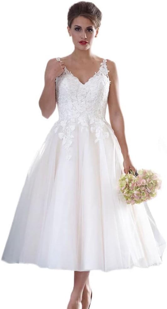 Beyonddress Damen Tüll Spitzen Hochzeitskleider – Elegantes knielanges Brautkleid mit Applikationen für standesamtliche Trauungen