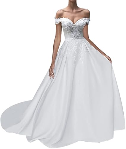 BLPOTA A-Linien Brautkleid aus Satin mit Spitzen-Off-Shoulder für das Standesamt