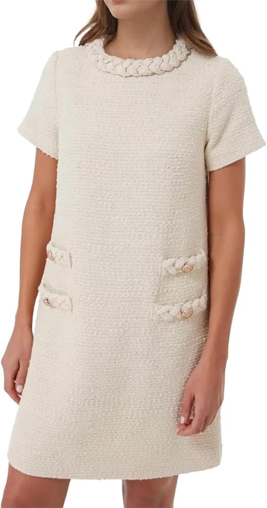 BUNSLOOM Damen Kurzärmliges Tweed Kleid mit Rundhalsausschnitt - A-Linie Vintage Minikleid für Partys und Freizeit