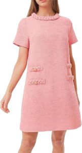 BUNSLOOM Damen Tweed Kleid mit kurzen Ärmeln, Rundhalsausschnitt, A-Linie, Vintage Minikleid für Partys und Freizeit
