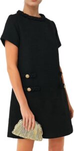 BUNSLOOM Damen Tweed Kleid mit kurzen Ärmeln, Rundhalsausschnitt, A-Linie, Vintage Minikleid für Partys und Freizeit