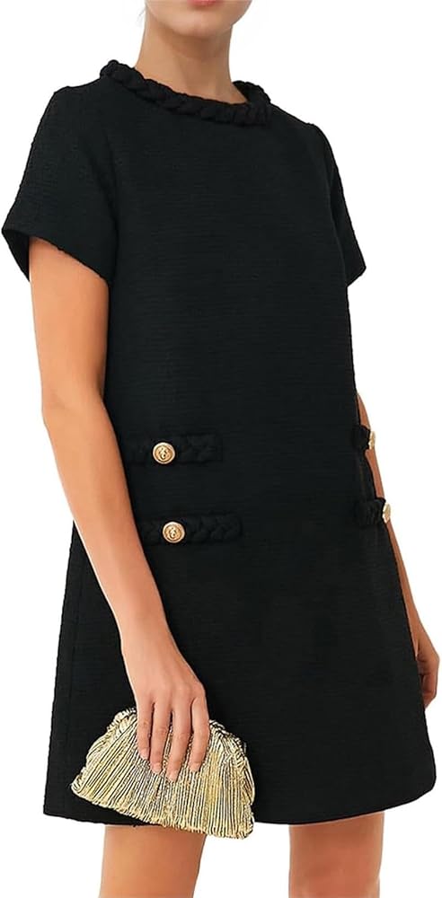 BUNSLOOM Damen Tweed Kleid mit kurzen Ärmeln, Rundhalsausschnitt, A-Linie, Vintage Minikleid für Partys und Freizeit