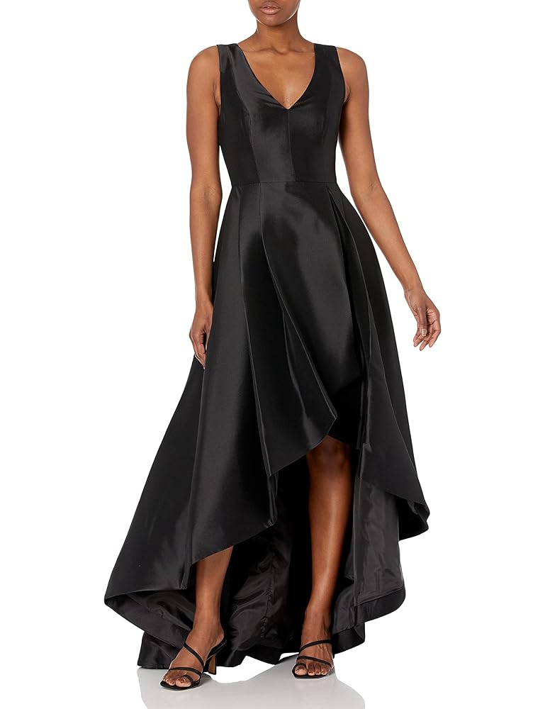 Calvin Klein Damen ärmelloses V-Ausschnitt Abendkleid mit High-Low-Design – Festliche Kleider für besondere Anlässe