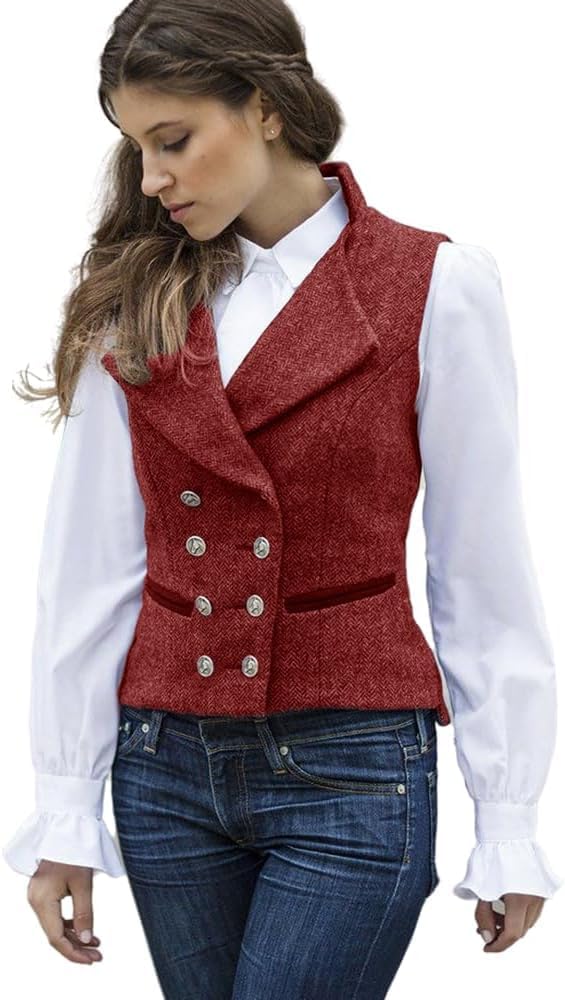 CAMDOM Damen Vintage Anzugweste im 50er Jahre Stil – Slim Fit Tweed Weste mit V-Ausschnitt