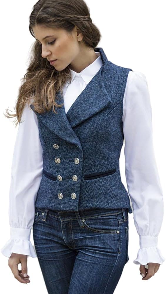 CAMDOM Damen Vintage Anzugweste im 50er Jahre Stil – Slim Fit V-Ausschnitt Tweed-Weste für die Arbeit