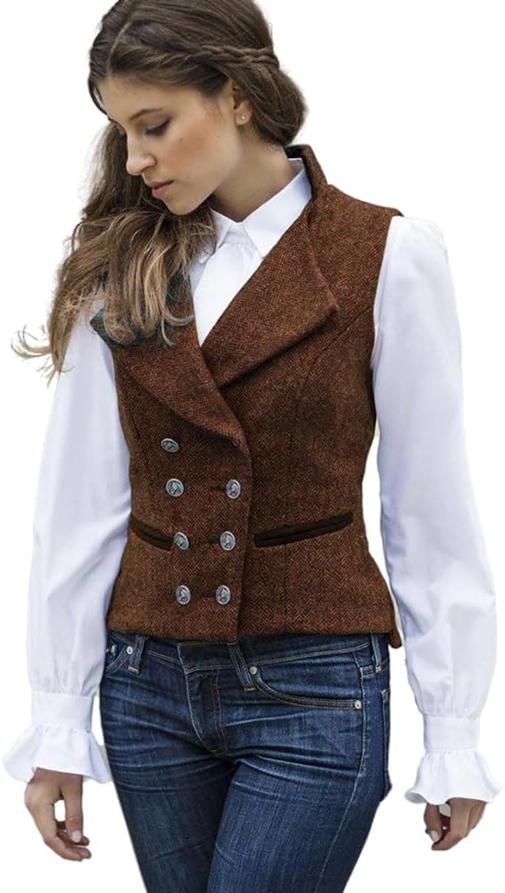 CAMDOM Damen Vintage Anzugweste im 50er Jahre Stil – Tweed Slim Fit V-Ausschnitt Weste für die Arbeit